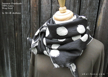 Load image into Gallery viewer, Japanese Handmade Linen Wrap Scarf, Bruch Painted Dots, Black x Ecru, 100% Linen
