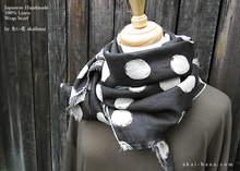 Load image into Gallery viewer, Japanese Handmade Linen Wrap Scarf, Bruch Painted Dots, Black x Ecru, 100% Linen