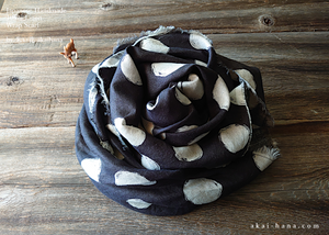 Japanese Handmade Linen Wrap Scarf, Bruch Painted Dots, Black x Ecru, 100% Linen