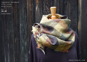 Japanese Handmade Linen Wrap Scarf, Shades of Autumn, 100% Linen