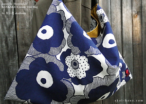 Japanese Handcrafted SANKAKU Tote, Large Floral Dark Blue ⦿tbml0029