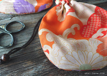 Load image into Gallery viewer, Repurposed Vintage Kimono Temari Kinchaku Purse, Orange Floral, tkvk0004