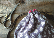 Load image into Gallery viewer, Repurposed Indian Calico Temari Kinchaku (drawstring) Purse, Light Gray x White, tkvu0001