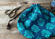 Load image into Gallery viewer, Repurposed Indian Calico Temari Kinchaku (drawstring) Purse, Blue x Turquoise, tkvu0002