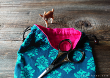 Load image into Gallery viewer, Repurposed Indian Calico Temari Kinchaku (drawstring) Purse, Blue x Turquoise, tkvu0002