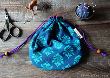 Load image into Gallery viewer, Repurposed Indian Calico Temari Kinchaku (drawstring) Purse, Blue x Turquoise, tkvu0002