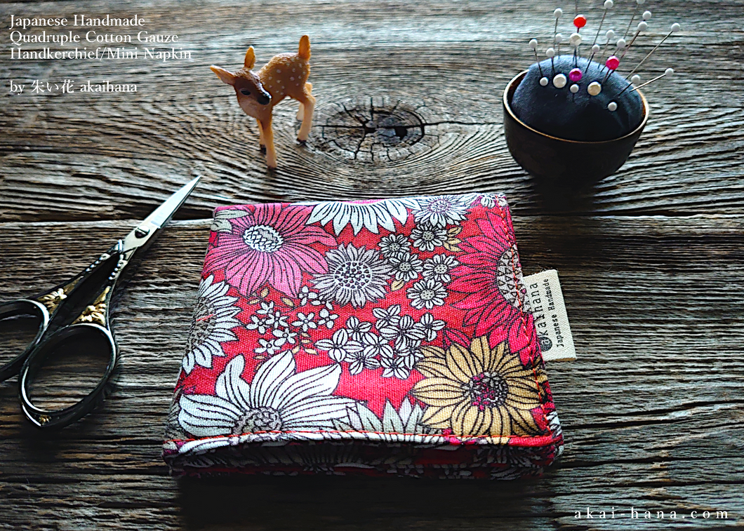 Quadruple Reversible Japanese Handkerchief, Flower Garden Red wgh0017