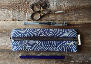 Japanese Handmade Pen Case, Aizome Style Print, Waves