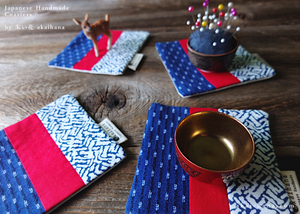 Upcycled Quilted Handmade Coasters, Blue x Red ⦿cajf0017