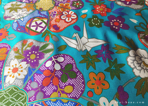 Furoshiki Reusable Fabric Wrap, Bandana, Teal Floral Kimono ⦿fsjf0038