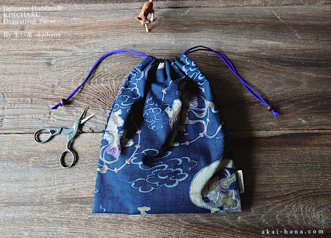Wagara Kinchaku Drawstring Purse, Fūjin Raijin (Gods of wind and thunder) Dark Blue, Large W20cm x H25cm (8