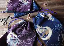 Load image into Gallery viewer, Wagara Kinchaku Drawstring Purse, Fūjin Raijin (Gods of wind and thunder) Purple, Large W20cm x H25cm (8&quot; x 9 3/4&quot;) ⦿kpjf0011
