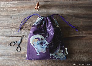 Wagara Kinchaku Drawstring Purse, Fūjin Raijin (Gods of wind and thunder) Purple, Large W20cm x H25cm (8" x 9 3/4") ⦿kpjf0011