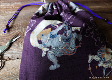 Load image into Gallery viewer, Wagara Kinchaku Drawstring Purse, Fūjin Raijin (Gods of wind and thunder) Purple, Large W20cm x H25cm (8&quot; x 9 3/4&quot;) ⦿kpjf0011
