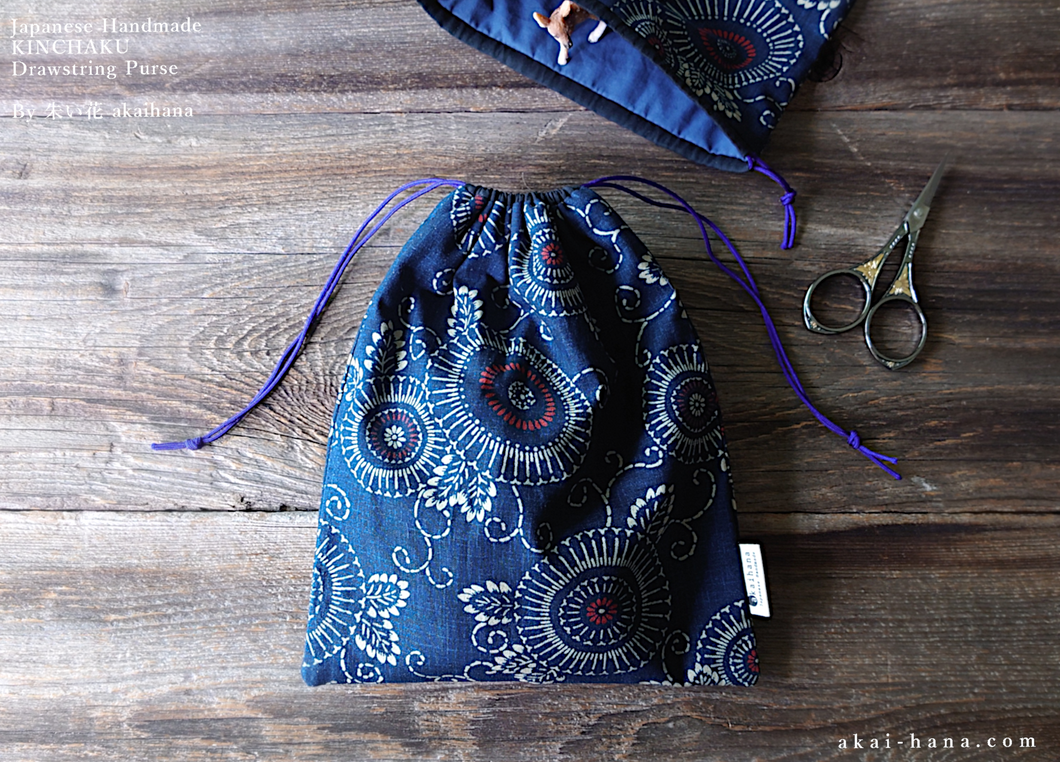Wagara Kinchaku Drawstring Purse, Kikukarakusa, Large W20cm x H25cm (8