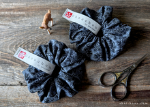Load image into Gallery viewer, Japanese Handmade Scrunchies, Gray Damask Floral, scaf0007
