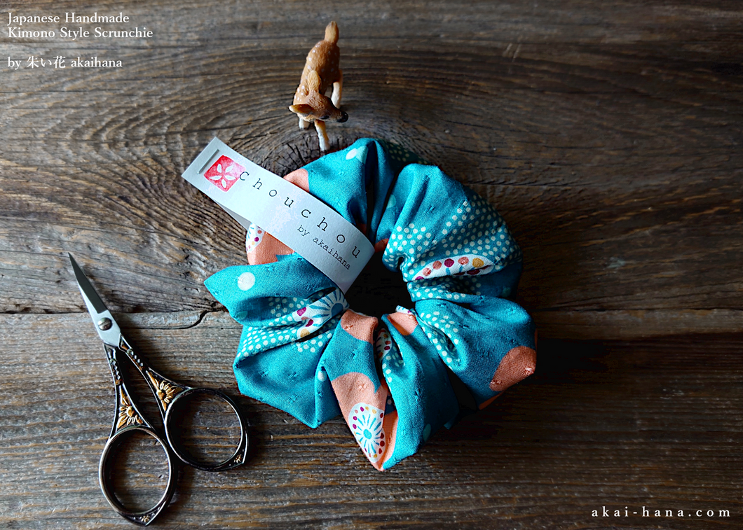 Japanese Handmade Scrunchies, Aqua Floral, scjf0056