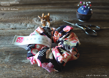 Load image into Gallery viewer, Japanese Handmade Kimono Style Scrunchies, Hikita Hanaguruma Black, scjf0057
