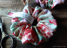 Load image into Gallery viewer, Japanese Handmade Kimono Style Scrunchies, Hikita Hanaguruma Celadon ⦿scjf0058
