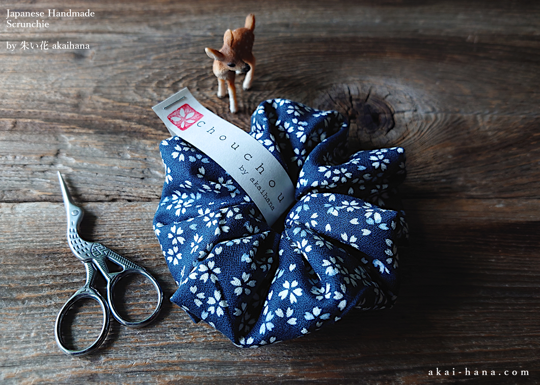 Japanese Handmade Kimono Style Scrunchies, Tiny Sakura Navy, scjf0062