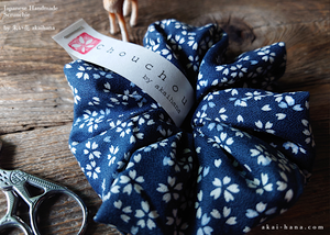 Japanese Handmade Kimono Style Scrunchies, Tiny Sakura Navy, scjf0062