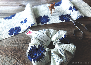Japanese Handmade Kimono style Scrunchies, Shiro Nadeshiko, White Dianthus, scjf0067