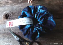 Load image into Gallery viewer, Japanese Handmade Kimono Style Scrunchies, Indigo Circles ⦿scjf0070
