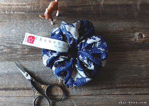 Japanese Handmade Linen Scrunchies, Indigo Floral  ⦿scjf0075