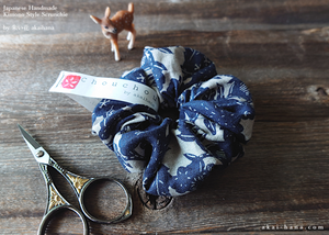 Japanese Handmade Linen Scrunchies, Indigo Floral  ⦿scjf0075