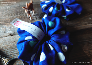 Japanese Handmade Double Gauze Scrunchies, Soda Dots Blue ⦿scjf0082