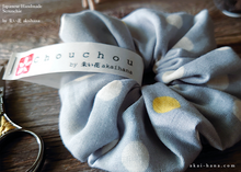 Load image into Gallery viewer, Japanese Handmade Double Gauze Scrunchies, Soda Dots Gray, scjf0083

