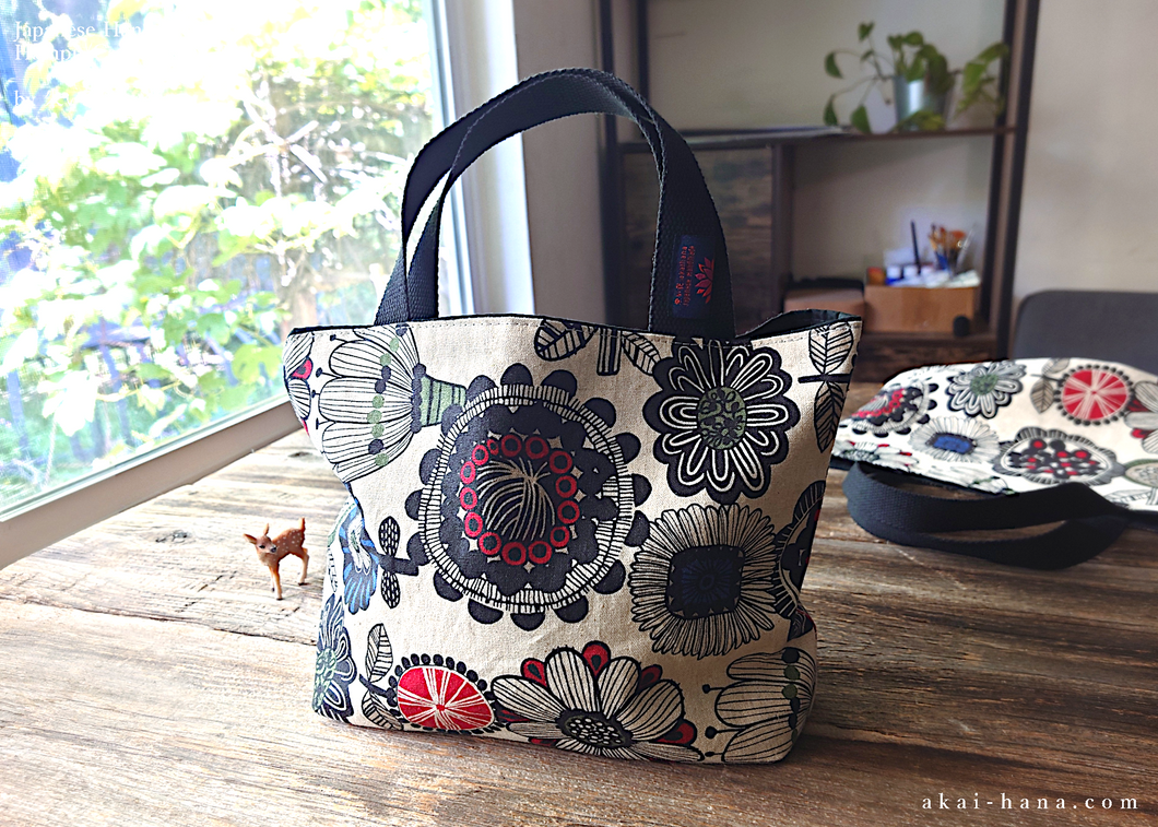 Japanese Linen Cotton Canvas Small Tote, Floral x Black ⦿tbsm0003