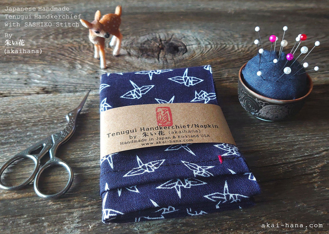 Japanese Tenugui Handkerchief with Sashiko Stitch, Orizuru (paper crane), tnho0003
