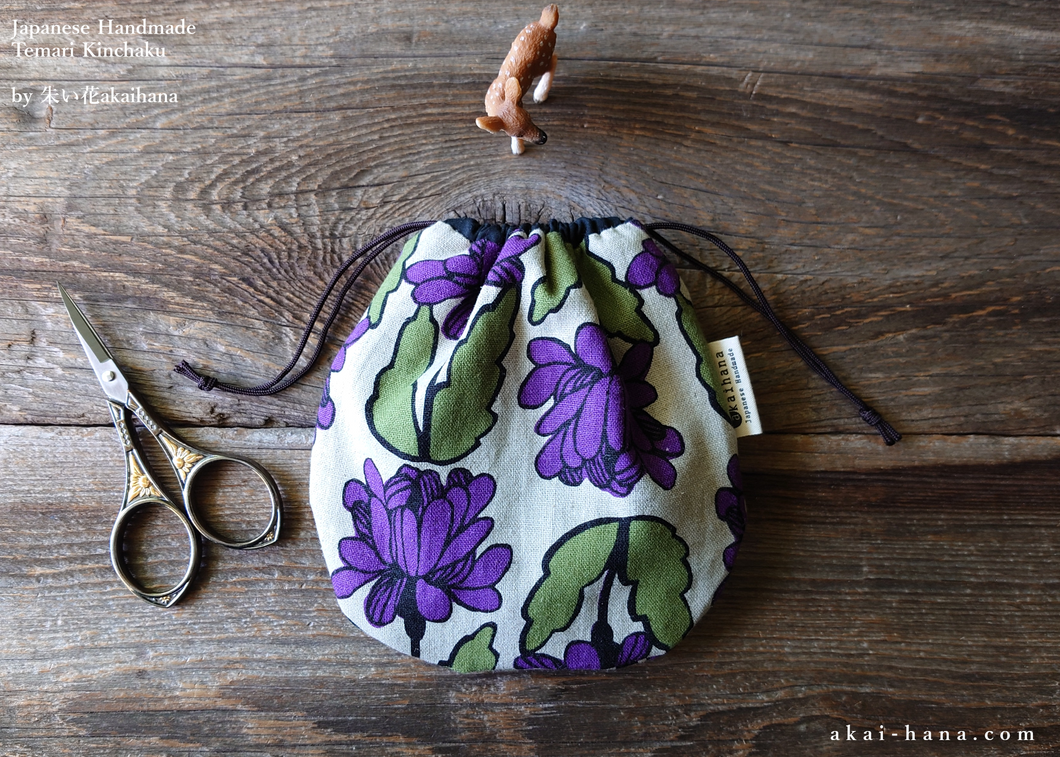 Japanese Handmade Temari Kinchaku (Drawstring) Purse, Floral Purple⦿tkjp0020