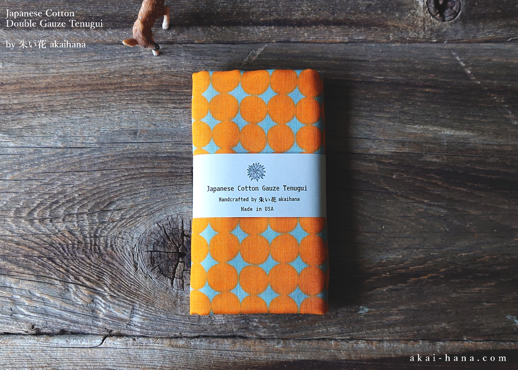 Japanese Cotton Double Gauze Tenugui, Circles Orange x Gray ⦿tndg0011