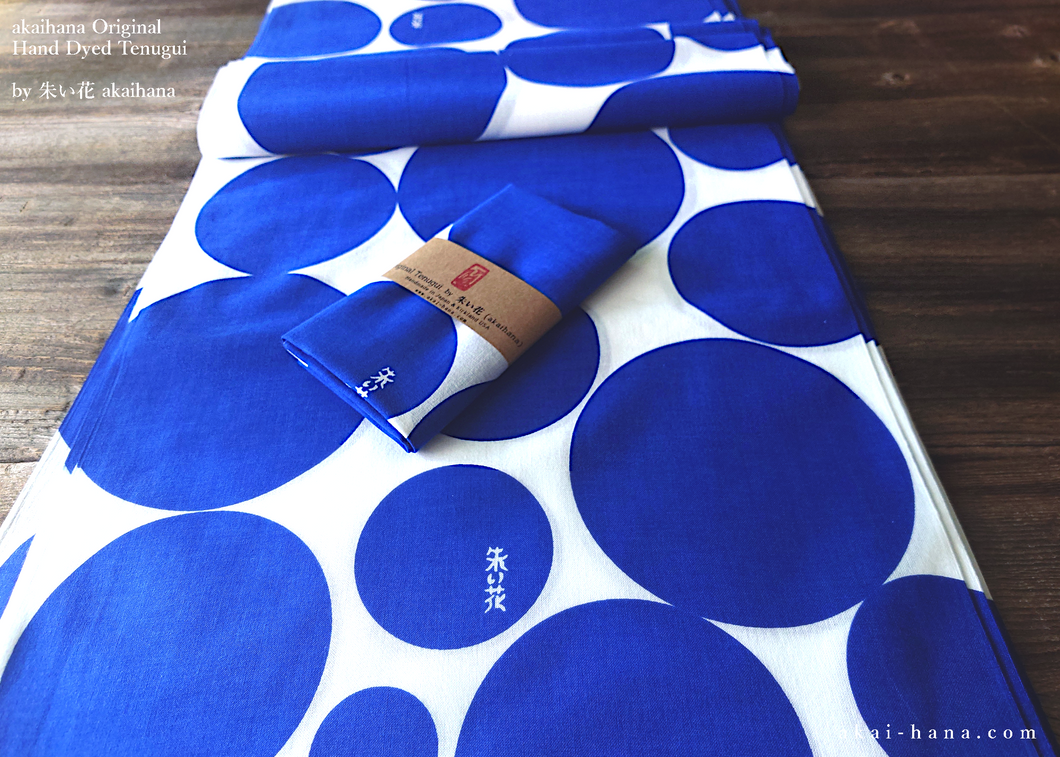 akaihana Original Tenugui, Mizutama Blue, Polka Dots, Japanese Hand Dyed ⦿tnor0006