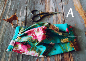 Turquoise Floral Kimono, Japanese Handmade Mask with filter pocket & nose wire, comes with 1 Free Filter Insert