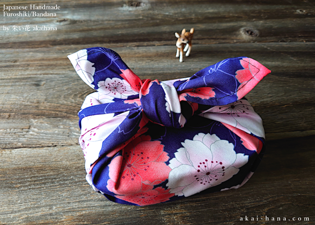 Furoshiki Reusable Fabric Wrap, Bandana, SAKURA Navy ⦿fsjf0007