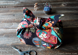 Furoshiki Reusable Fabric Wrap, Bandana, Black Floral Kimono ⦿fsjf0023