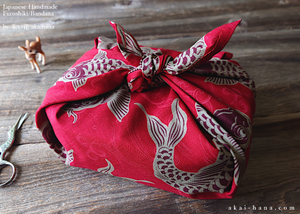 Furoshiki Reusable Fabric Wrap, Bandana, Koi Carp, Red ⦿fsjf0027