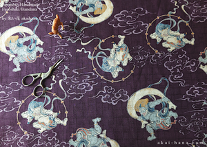 Furoshiki Reusable Fabric Wrap, Bandana, Fūjin Raijin, Purple ⦿fsjf0028