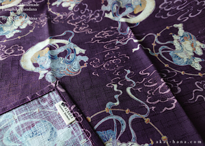 Furoshiki Reusable Fabric Wrap, Bandana, Fūjin Raijin, Purple ⦿fsjf0028