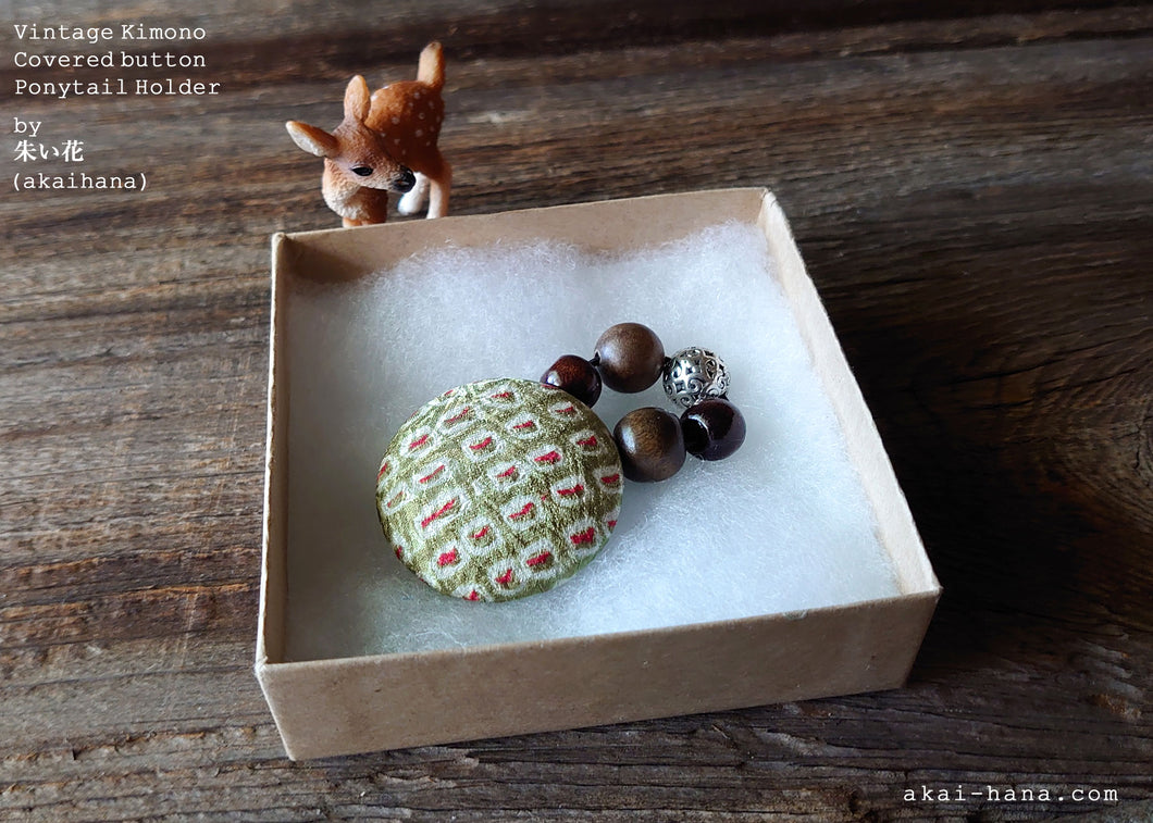 Vintage Kimono Covered Button Hair Ties, Shibori matcha green