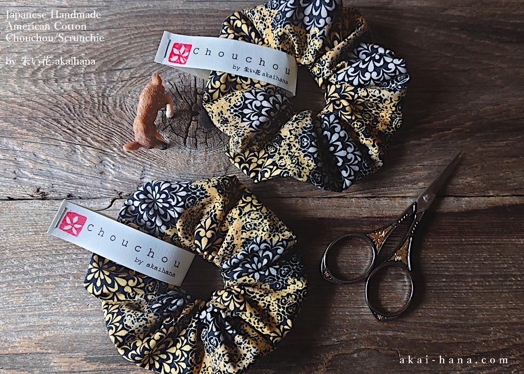 Japanese Handmade Scrunchies, Yellow Damask Floral, scaf0003