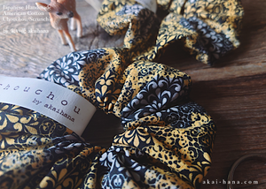 Japanese Handmade Scrunchies, Yellow Damask Floral, scaf0003