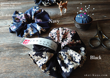 Load image into Gallery viewer, Japanese Handmade Kimono style Scrunchies, Shidarezakura (Weeping Cherry) Black, scjf0002
