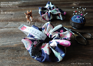 Japanese Handmade Kimono Style Scrunchies, Ume (Plum) and Hikita Navy, scjf0003