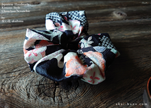 Load image into Gallery viewer, Japanese Handmade Kimono style Scrunchies, Ume (Plum) and Hikita Black, scjf0004
