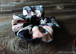 Japanese Handmade Kimono style Scrunchies, Ume (Plum) and Hikita Black, scjf0004