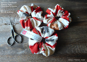 Japanese Handmade Kimono style Scrunchies, Chrysanthemum Red, scjf0008